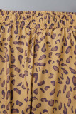 Brauner, lässiger Leoparden-Patchwork-O-Ausschnitt mit langen Ärmeln, zweiteilig