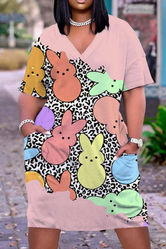 Pink Casual Print Patchwork V Neck Straight Dresses