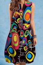 Multicolor Casual Print Basic V-hals ärmlösa klänningar