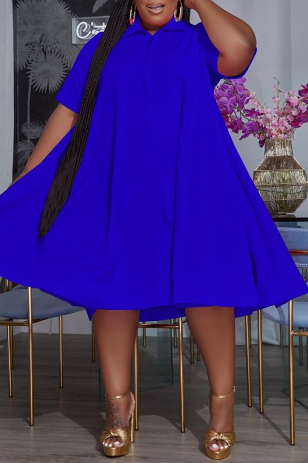 ブルー カジュアル ソリッド ベーシック ターンダウンカラー 半袖ドレス プラスサイズドレス