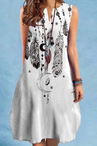 White Casual Print Basic V Neck Sleeveless Dress Dresses