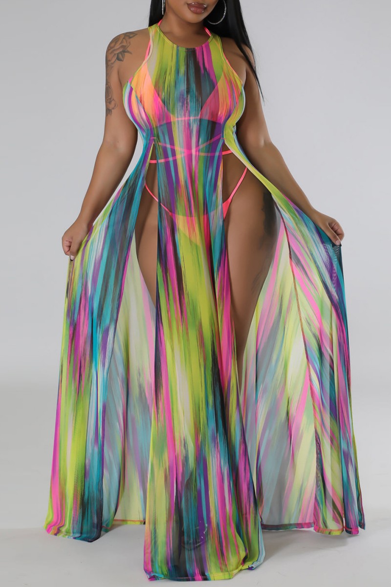 

Multicolor Sexy Print Slit Swimwears Cover Up