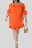 Tangerine Red Casual Solid Patchwork Volants Off The Shoulder Straight Plus Size Robes