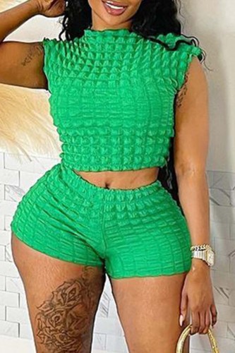 Green Casual Solid Basic O Neck Sleeveless Two Pieces