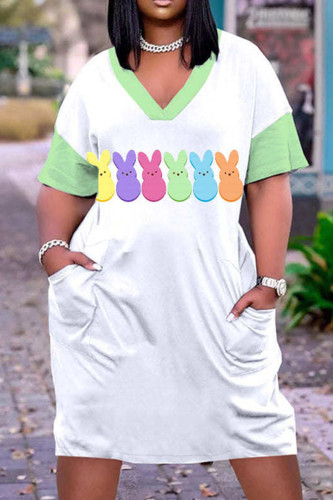 White Green Casual Street Print Patchwork V Neck Straight Dresses
