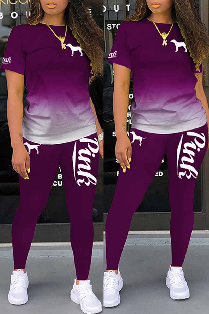 

Purple Sexy Print Letter O Neck Short Sleeve Two Pieces