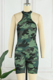 Armégrön Casual Solid Camouflage Print Basic Turtleneck Skinny Romper