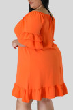 タンジェリン レッド カジュアル ソリッド パッチワーク フラウンス オフショルダー ストレート プラスサイズ ドレス