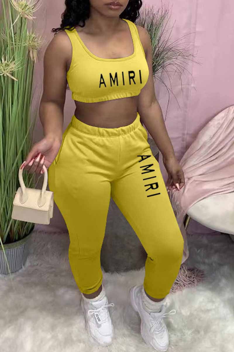 

Yellow Street Print Letter U Neck Sleeveless Two Pieces
