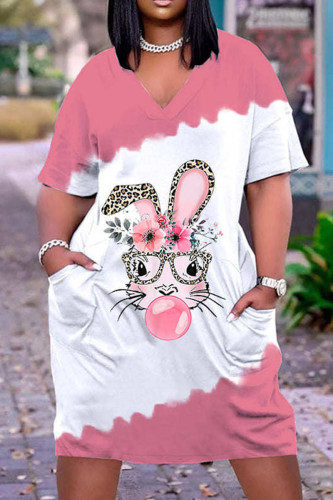 Pink Casual Street Print Patchwork V Neck Straight Dresses