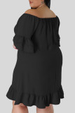 Zwarte casual print patchwork ruche off-shoulder grote maten jurken
