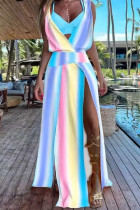 Цветное сексуальное платье в стиле пэчворк с разрезом и V-образным вырезом с принтом Платья (без нижнего белья)
