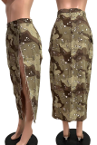 Khakifarbener, sexy Camouflage-Print mit hoher Öffnung und hoher Taille, Bleistift-Volldruckunterteil