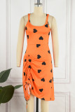 Naranja sexy estampado vendaje patchwork dibujar cuerda cuello en u una línea de vestidos