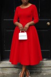 Красные повседневные однотонные базовые платья А-силуэта с круглым вырезом