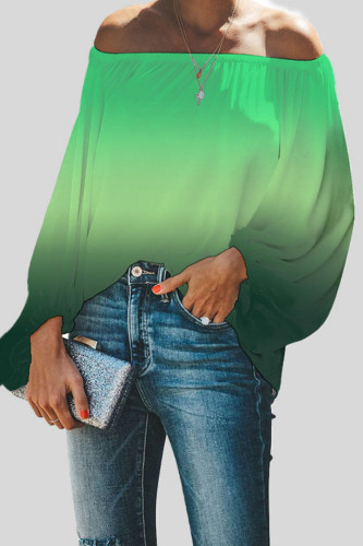 Gray Green Casual Gradual Change Print Patchwork Off the Shoulder Tops