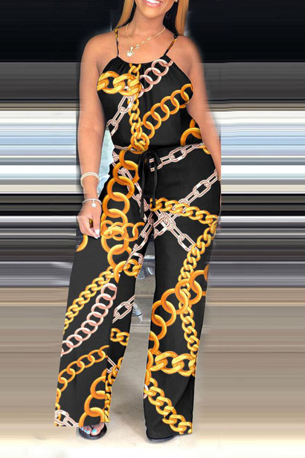 Black Yellow Casual Print Patchwork Spaghetti Strap Straight Jumpsuits