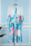 Синие повседневные платья с длинным рукавом в стиле пэчворк с принтом Половина водолазки