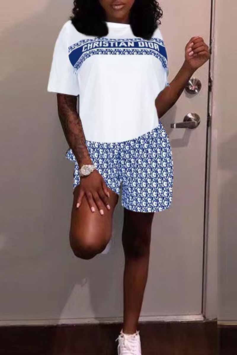 

Royal Blue Casual Print Letter O Neck Short Sleeve Two Pieces