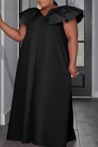 Negro Casual Sólido Básico Cuello en V Falda de un paso Vestidos de talla grande