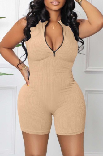 Khaki Casual Sportswear Solid Basic Zipper Collar Skinny Romper