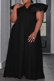 ブラック カジュアル ソリッド ベーシック Vネック ワンステップ スカート プラスサイズ ドレス