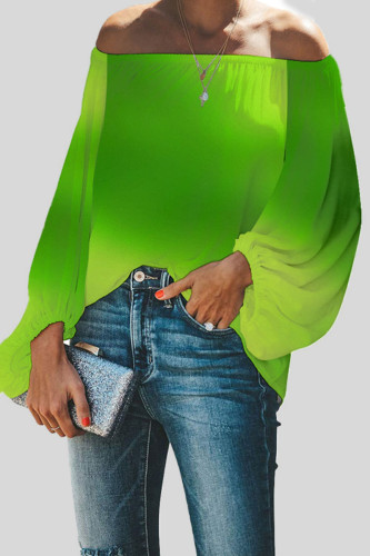 Groene casual geleidelijk veranderende print patchwork off-shoulder tops