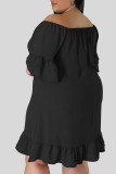 Negro casual sólido patchwork volante fuera del hombro recto vestidos de talla grande