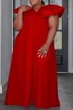 Rose Red Casual Solid Basic V Neck One Step Skirt Plus Size Dresses