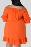 Tangerine Red Casual Solid Patchwork Volant Off-shoulder Recht Grote maten jurken