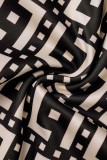 Negro casual estampado patchwork hendidura cuello oblicuo manga larga dos piezas