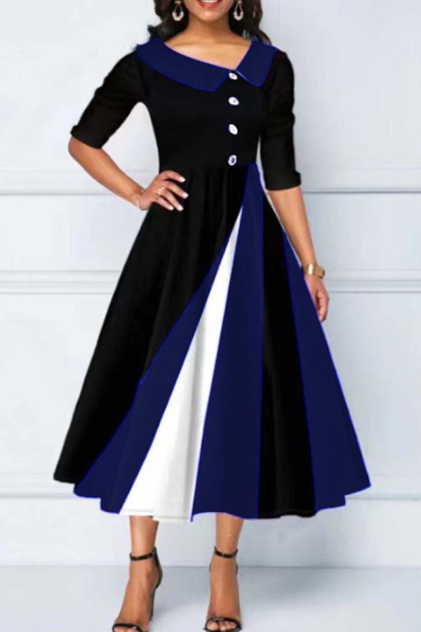 Blauwe casual patchwork contrasterende schuine kraag A-lijn jurken