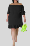 ブラック カジュアル ソリッド パッチワーク フラウンス オフショルダー ストレート プラスサイズ ドレス