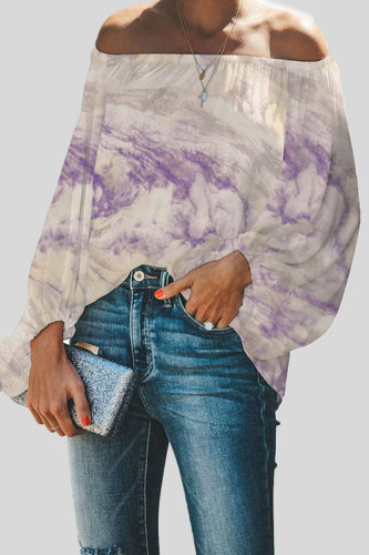Light Purple Casual Gradual Change Print Patchwork Off the Shoulder Tops