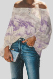 Gray Green Casual Gradual Change Print Patchwork Off the Shoulder Tops