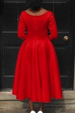 Rosa vermelho casual sólido básico com decote em bico vestidos evasê