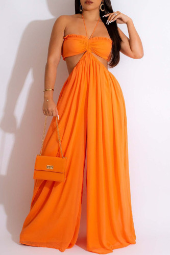Orange Sexy Solid Patchwork Backless Halter Straight Jumpsuits