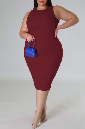 Red Casual Solid Basic O Neck Sleeveless Dress Dresses
