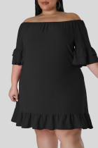 ブラック カジュアル ソリッド パッチワーク フラウンス オフショルダー ストレート プラスサイズ ドレス