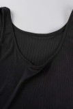 Negro Casual Sólido Básico Cuello en U Sin mangas Dos piezas