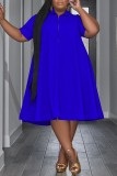 Azul Casual Sólido Básico Cuello vuelto Vestido de manga corta Vestidos de talla grande
