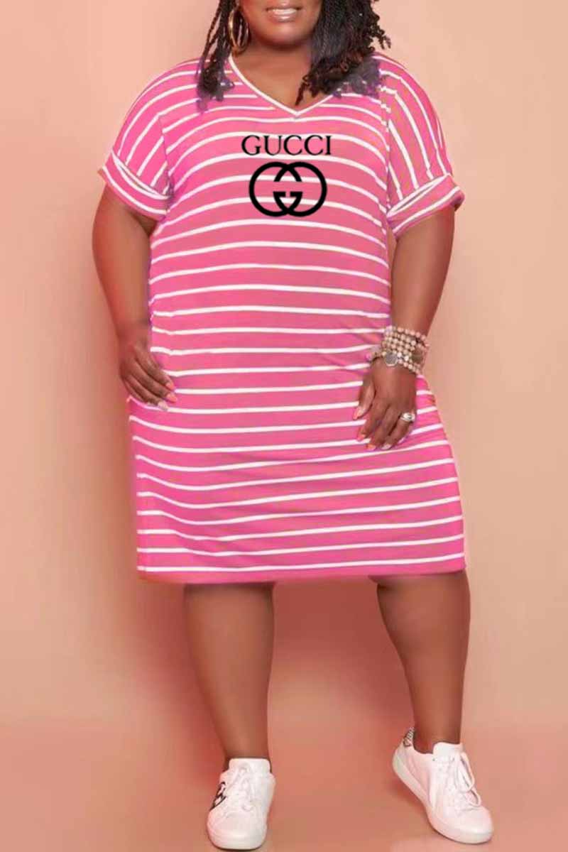 

Rose Red Casual Striped Print Letter V Neck Straight Plus Size Dresses