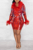 Red Elegant Sequins Patchwork Feathers V Neck Pencil Skirt Dresses