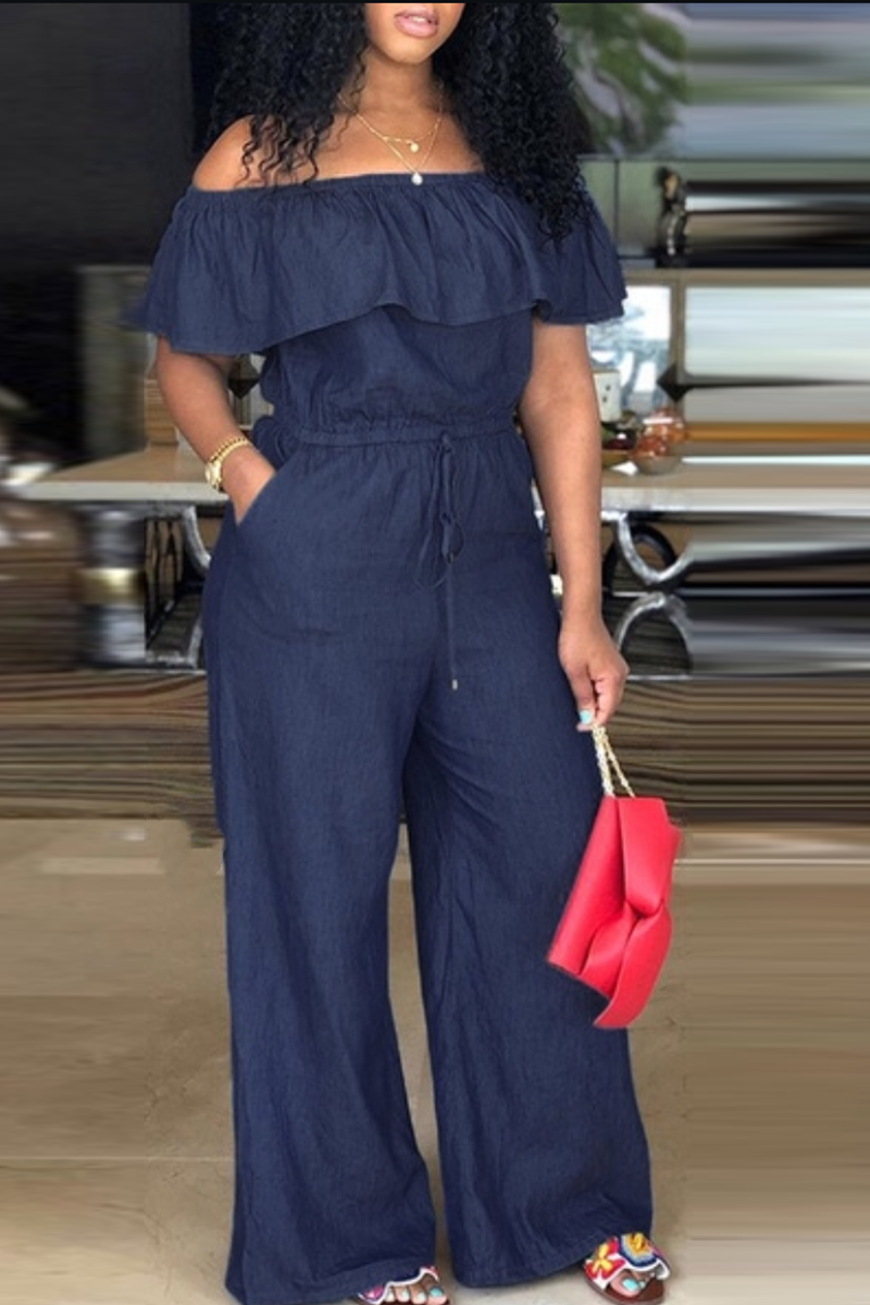 

Dark Blue Sexy Solid Flounce Off the Shoulder Loose Jumpsuits