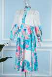 Blauwe casual print patchwork jurken met halve coltrui en lange mouwen