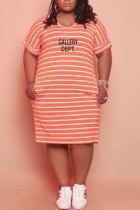 オレンジ カジュアル レター ストライプ プリント ベーシック Vネック 半袖ドレス プラスサイズドレス