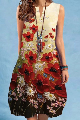 Red Casual Print Basic V Neck Sleeveless Dress Dresses