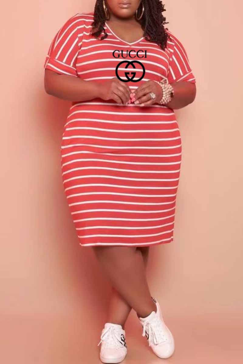 

Red Casual Striped Print Letter V Neck Straight Plus Size Dresses