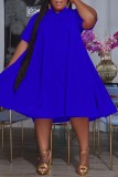 ブルー カジュアル ソリッド ベーシック ターンダウンカラー 半袖ドレス プラスサイズドレス