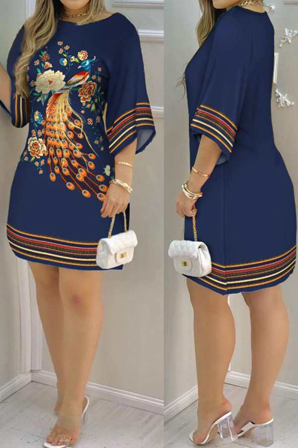 Peacock Blue Casual Print Patchwork O Neck A Line Robes